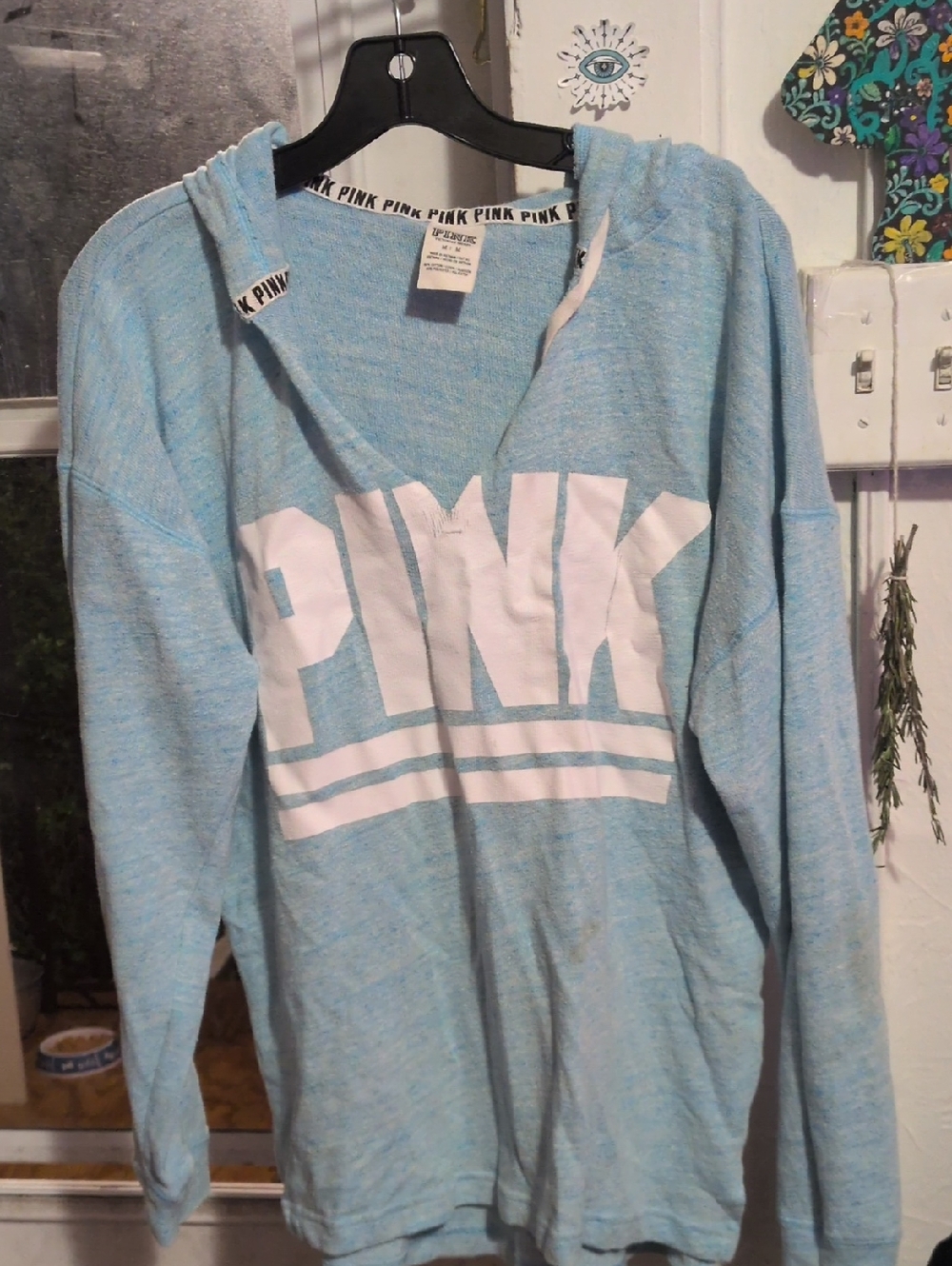 Victoria's Secret PINK Light Blue and White Branded Hoodie Trim